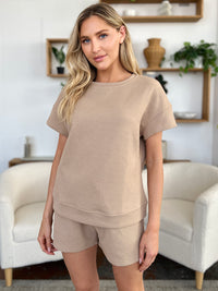 Thumbnail for Double Take Full Size Texture Short Sleeve T-Shirt and Drawstring Shorts Set