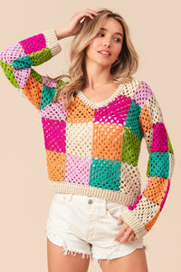 Thumbnail for BiBi Multi Color Checkered Long Sleeve Knit Top