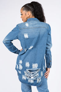 Thumbnail for American Bazi Distressed Button Down Denim Shirt Jacket