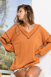 Thumbnail for BiBi Textured Exposed Seam Drop Shoulder Knit Top