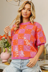 Thumbnail for BiBi Checkered Short Sleeve Sequin Sweater