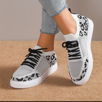 Thumbnail for Lace-Up Leopard Flat Sneakers