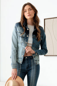 Thumbnail for Faded Blue Front Pockets Silver Buttons Denim Jacket