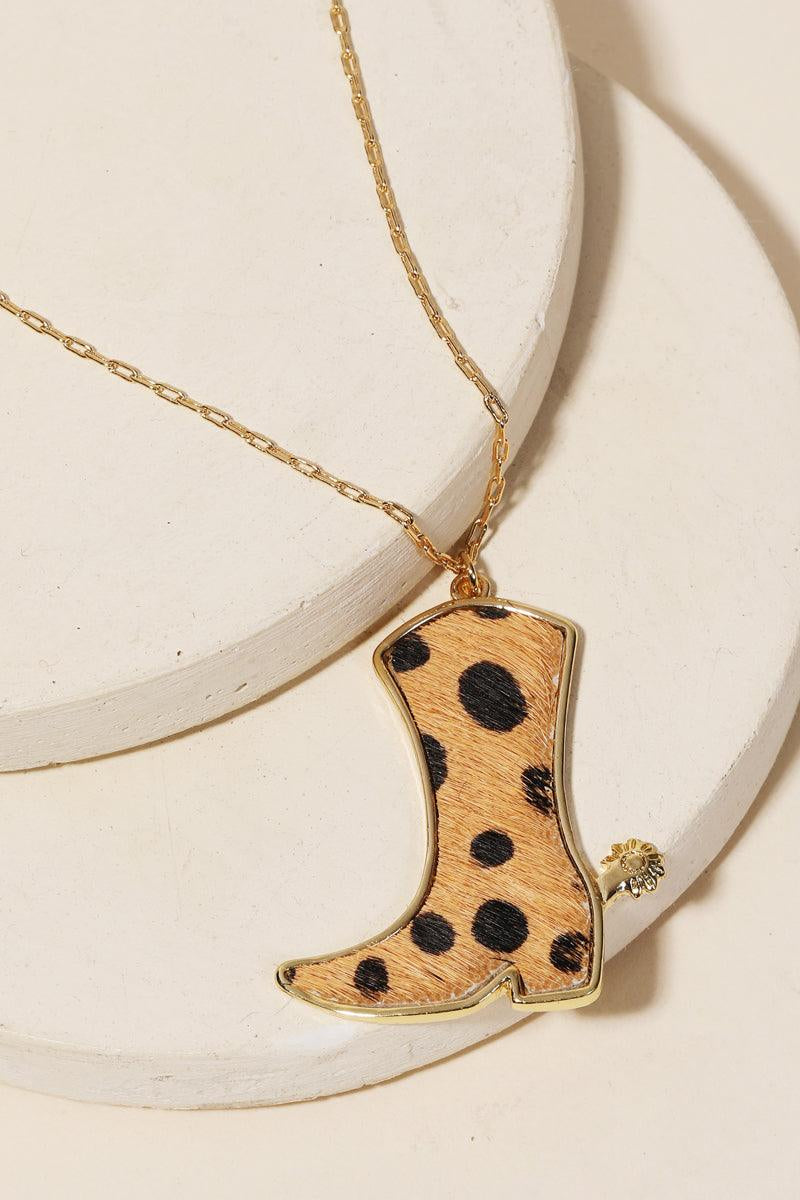 Faux Leather Leopard Cowboy Boot Pendant Necklace