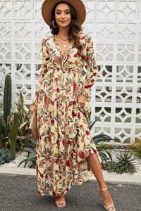 Thumbnail for Floral Frill Trim Flounce Sleeve Plunge Maxi Dress