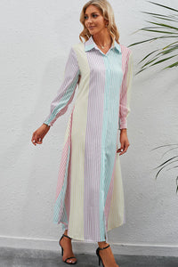 Thumbnail for Rainbow Stripe Button-Up Maxi Shirt Dress