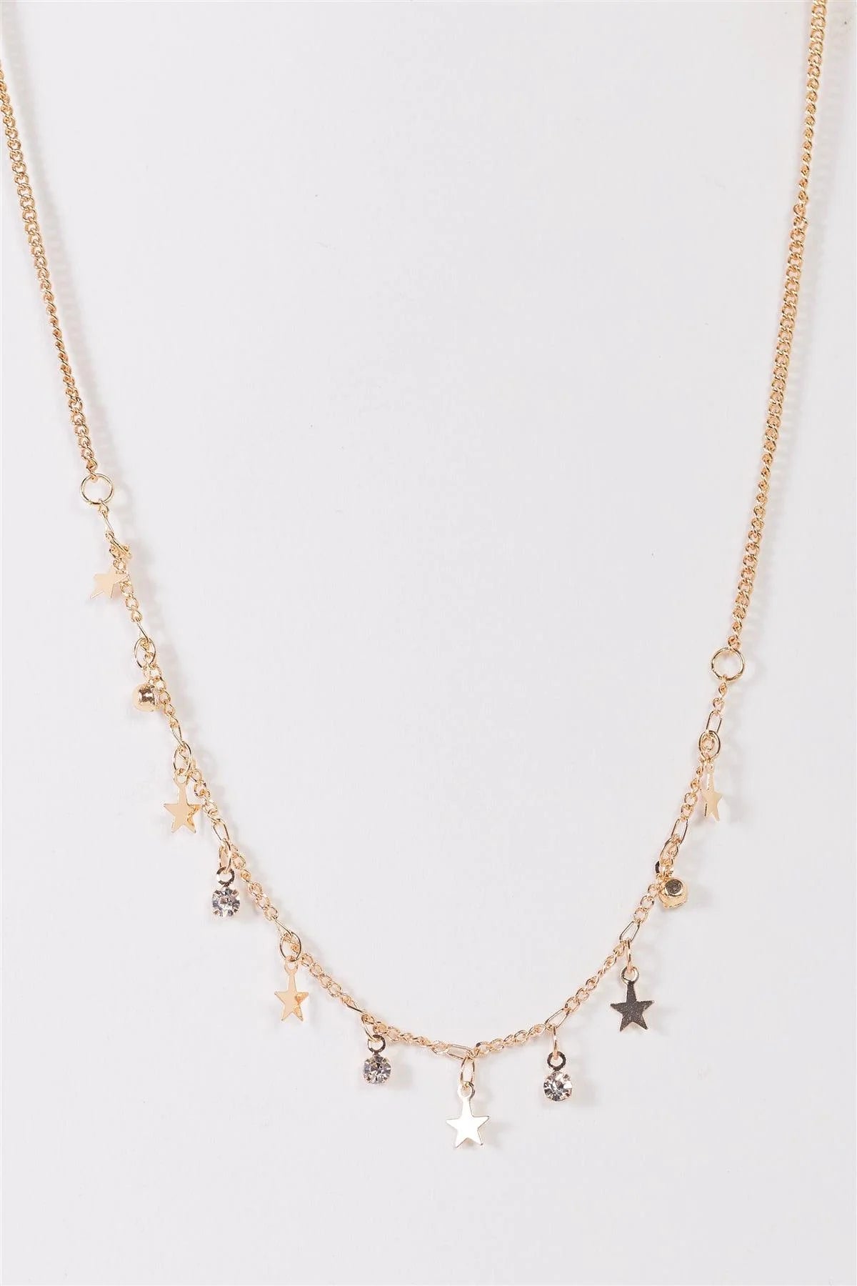 Gold Link Chain Star & Faux Diamond Charms Necklace