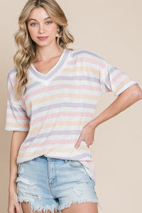 Thumbnail for BOMBOM Striped V-Neck Short Sleeve T-Shirt