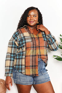 Thumbnail for Double Take Plaid Curved Hem Shirt Jacket with Breast Pockets