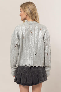 Thumbnail for HYFVE Distressed Cable-Knit Round Neck Long Sleeve Sweater