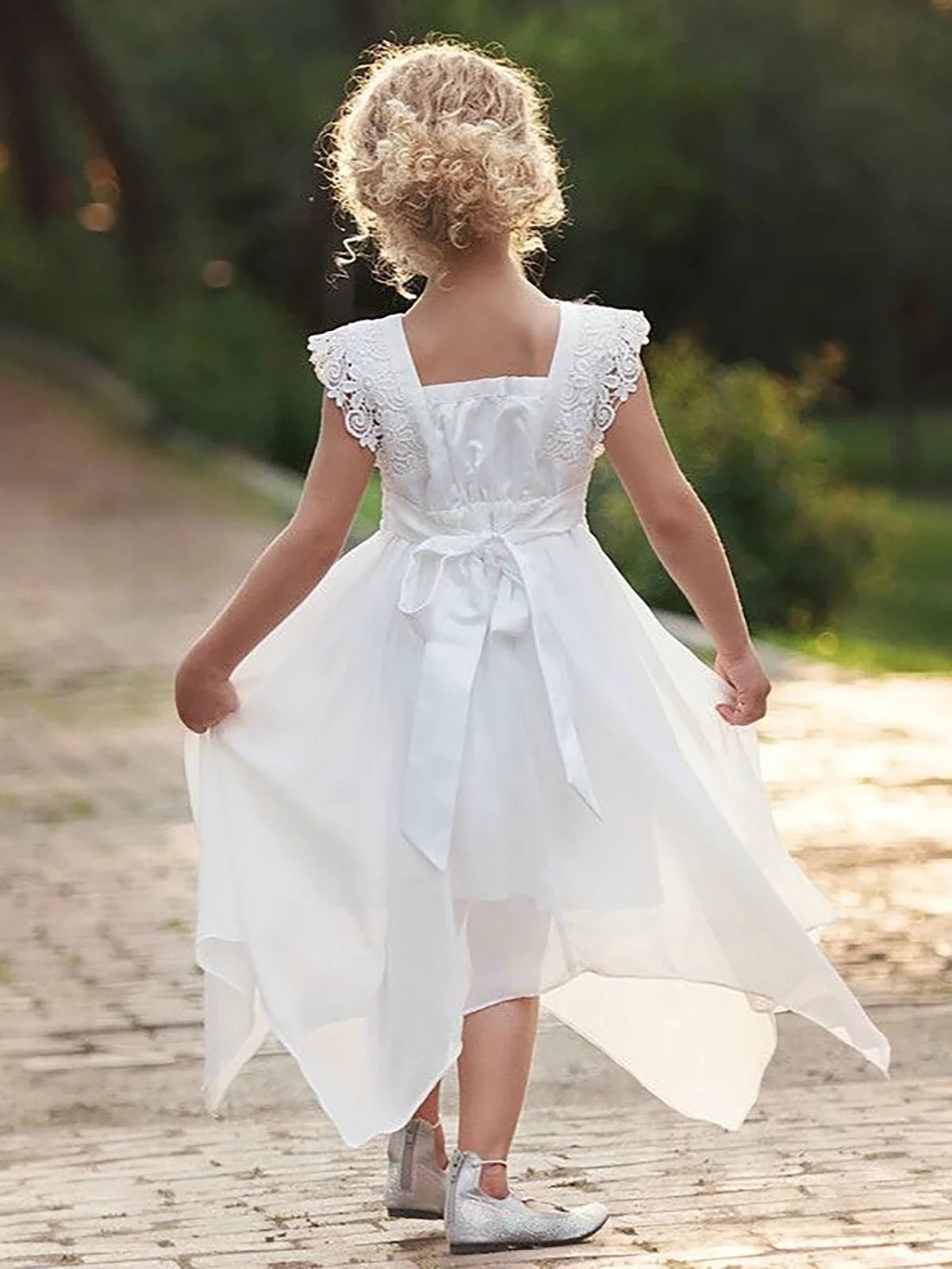 Girl Dresses Summer Dress Lace Flower Sleeveless Casual A-Line Asymmetrical Flowy Maxi Dress Boho Dresses Flower Girl Dress Wedding Party for Toddler Child 1-7 Years, White, 3-4Y