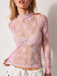 Thumbnail for Lace Mock Neck Long Sleeve Blouse