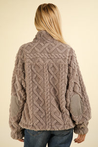 Thumbnail for VERY J Fuzzy Fleece Half Zip Cable Pattern Sweatshirt