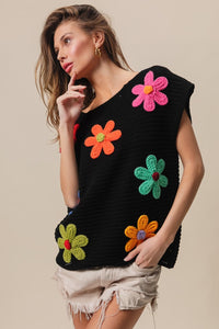 Thumbnail for BiBi Flower Round Neck Cap Sleeve Knit Top