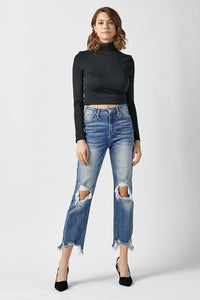 Thumbnail for RISEN High Waist Distressed Frayed Hem Cropped Straight Jeans