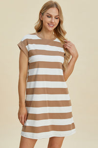 Thumbnail for Basic Bae Full Size Striped Round Neck Cap Sleeve Mini Dress