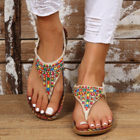 Thumbnail for PU Leather Beaded Flat Sandals