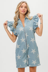 Thumbnail for BiBi Ruffled Star Half Zip Denim Romper