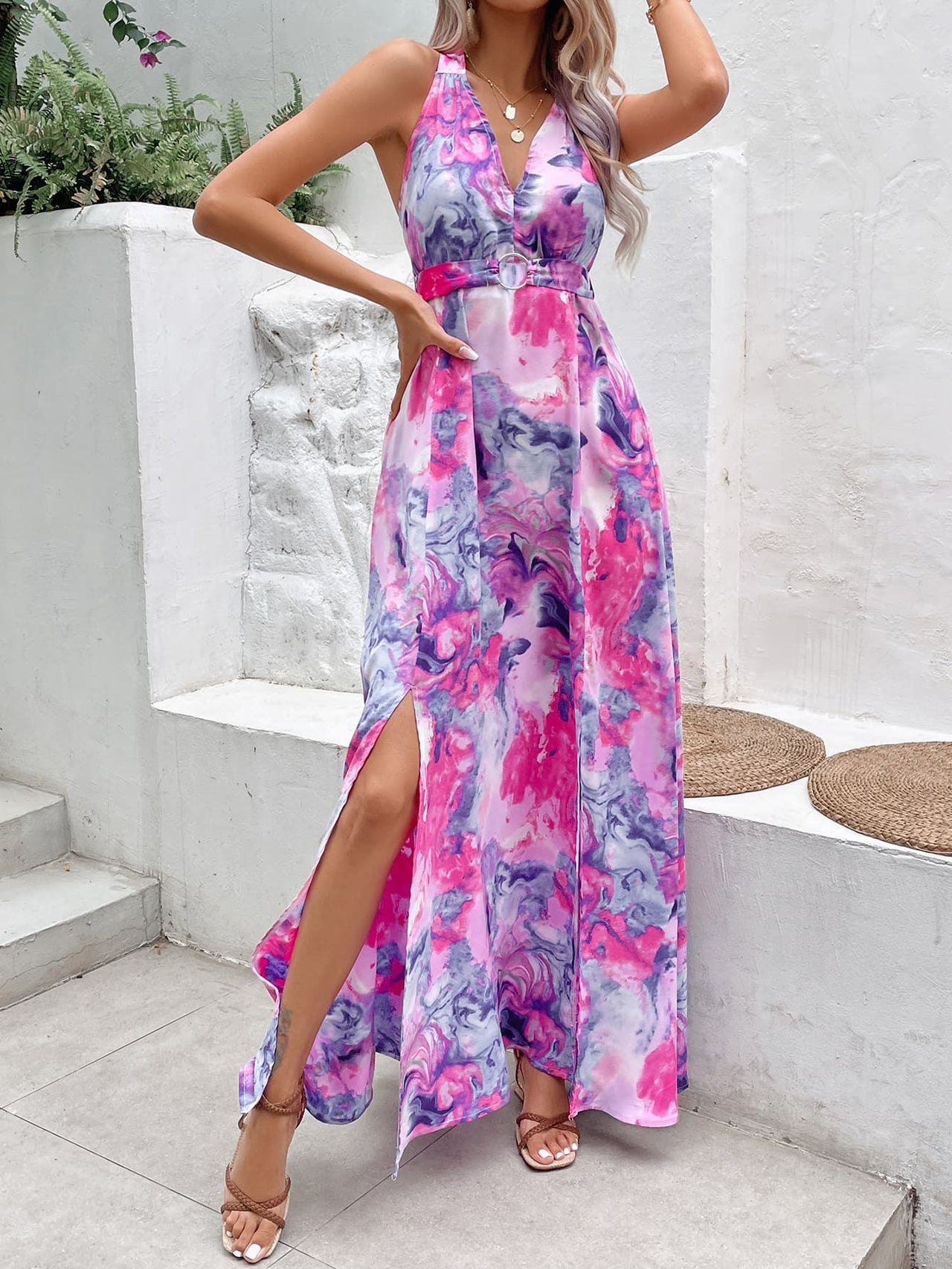 Honey Printed Open Back Slit Sleeveless Dress