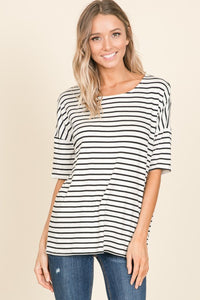 Thumbnail for BOMBOM Striped Round Neck T-Shirt