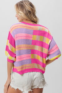 Thumbnail for BiBi Multi Color Striped Round Neck Knit Top