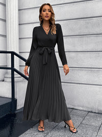 Thumbnail for V-Neck Tie Waist Pleated Maxi Dress