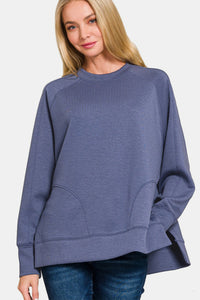 Thumbnail for Zenana Scuba Round Neck Side Slit Sweatshirt