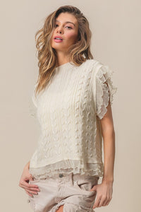 Thumbnail for BiBi Layered Pleat Chiffon Edge Cable Knit Top