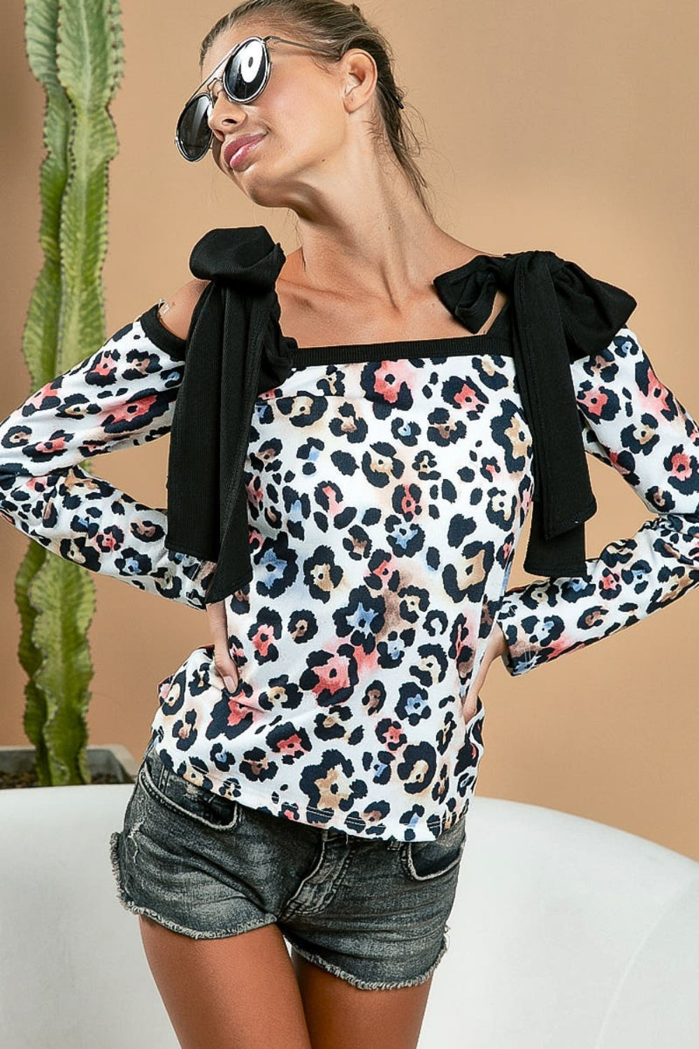 BiBi Leopard Shoulder Tie Long Sleeve Top