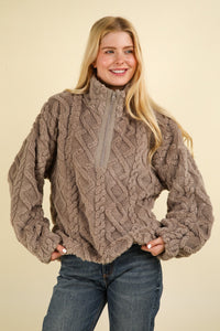 Thumbnail for VERY J Fuzzy Fleece Half Zip Cable Pattern Sweatshirt