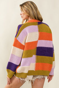 Thumbnail for BiBi Checkered Color Block Sweater Cardigan