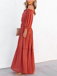 Thumbnail for Ruffle Trim Off Shoulder Long Sleeve Maxi Dress