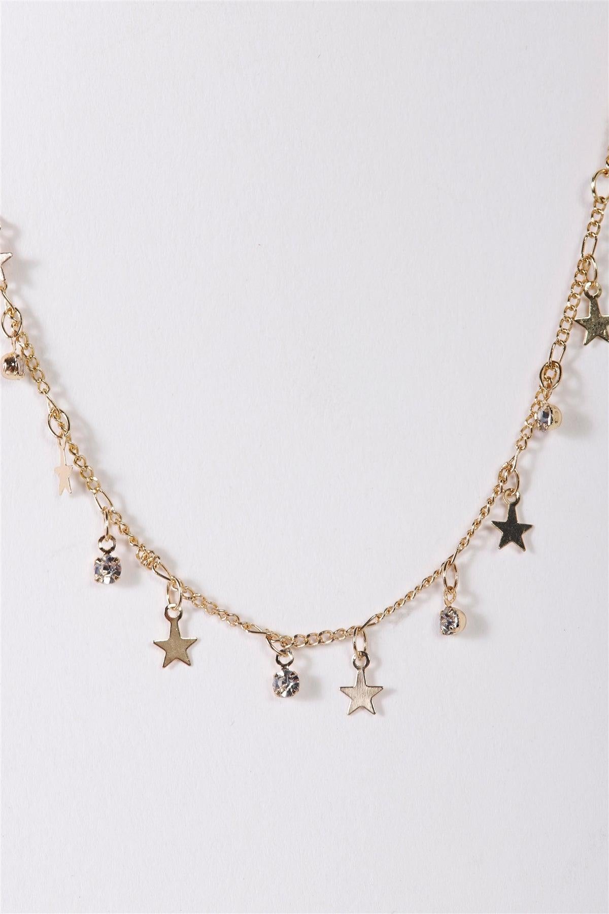 Gold Link Chain Star & Faux Diamond Charms Necklace