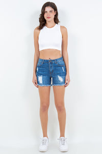 Thumbnail for American Bazi High Waist Distressed Frayed Denim Shorts