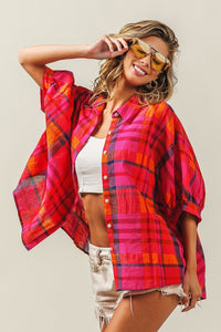 Thumbnail for BiBi Button Up Dolman Sleeve Plaid Shirt