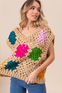 Thumbnail for BiBi Granny Square Openwork Sweater Vest