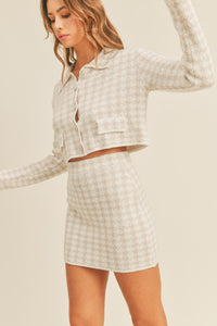 Thumbnail for MABLE Houndstooth Cropped Knit Cardigan and Mini Skirt Set