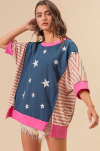 Thumbnail for BiBi US Flag Theme Color Block Star Patch T-Shirt