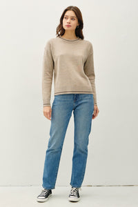 Thumbnail for Be Cool Striped Trim Round Neck Long Sleeve Sweater