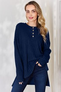 Thumbnail for Basic Bae Full Size Ribbed Half Button Long Sleeve High-Low T-Shirt