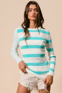 Thumbnail for BiBi Contrast Striped Asymmetrical Hem Knit Top