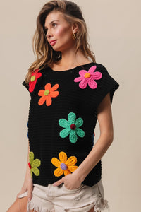 Thumbnail for BiBi Flower Round Neck Cap Sleeve Knit Top