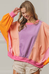 Thumbnail for BiBi Color Block Exposed Seam Sweatshirt with Pockets