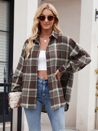 Thumbnail for Mandy Pocketed Plaid Collared Neck Long Sleeve Shirt