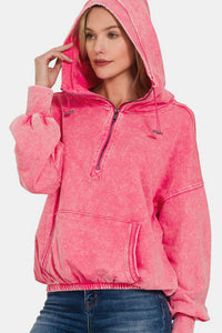 Thumbnail for Zenana Drawstring Half Zip Dropped Shoulder Hoodie