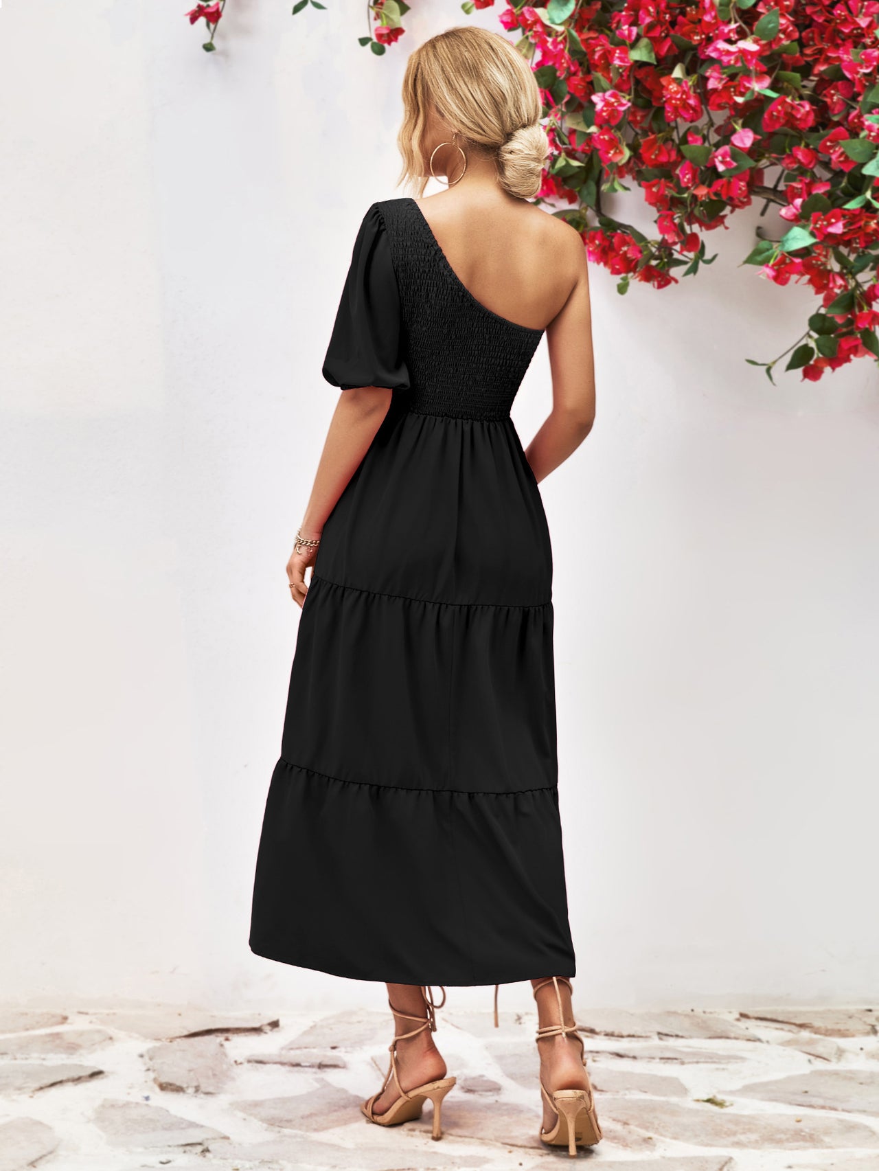 Smocked One-Shoulder Midi Dress