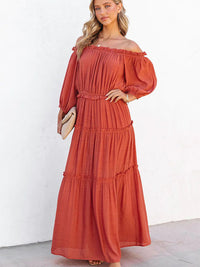 Thumbnail for Ruffle Trim Off Shoulder Long Sleeve Maxi Dress