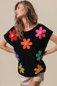 Thumbnail for BiBi Flower Round Neck Cap Sleeve Knit Top