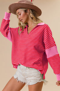 Thumbnail for BiBi Striped Contrast Long Sleeve Knit Top