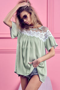 Thumbnail for BiBi Lace Detail Short Sleeve Striped Blouse